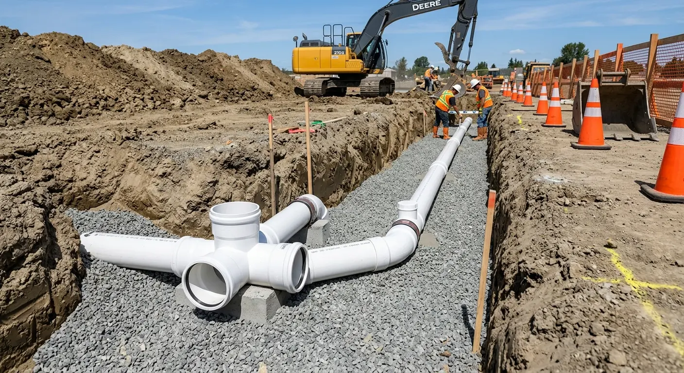 New PVC sewer pipe installation in open trench for Grease Trap Cleaning in Livermore
