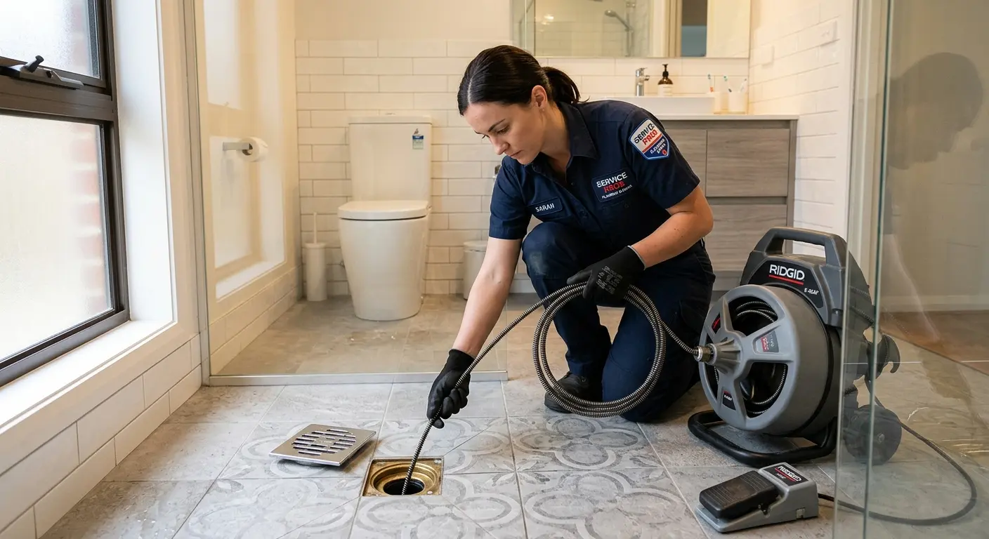 Technician clearing a bathroom floor drain for Sewer Line Replacement in Livermore